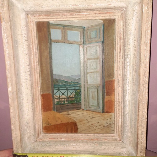 Hand-painted artwork 'View from the Window' with wooden frame