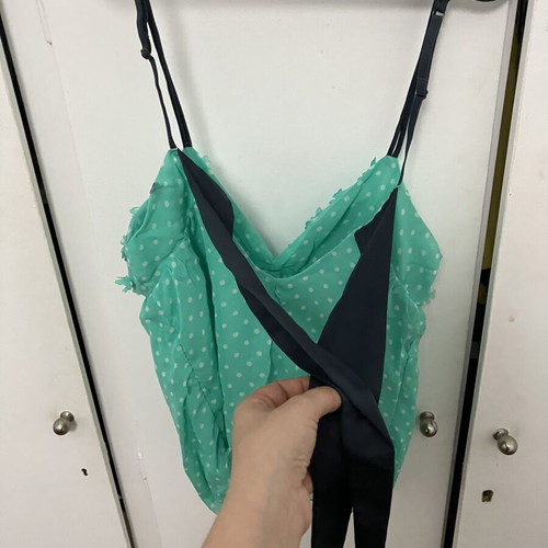 Undiz Mint/Turquoise Polka Dot Top with Navy Blue Ribbon S/M Like New