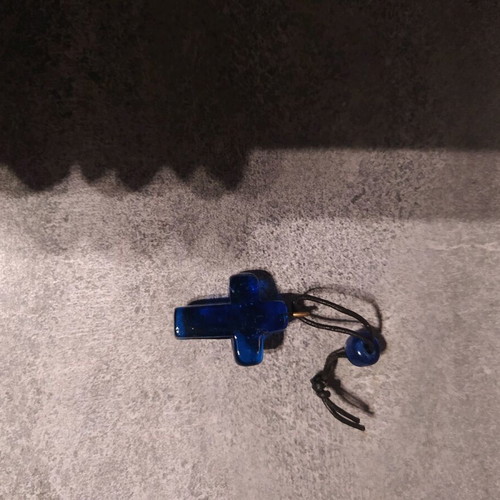 Cross used with gold crucifix, glass-like material, blue