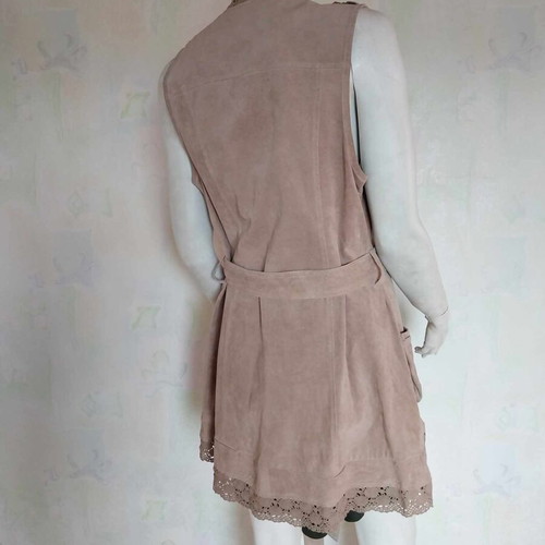 Vintage French long women's leather vest with lace and belt used
