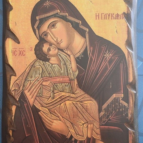 Handmade icon of Virgin Mary used, 41x31 cm, solid wood