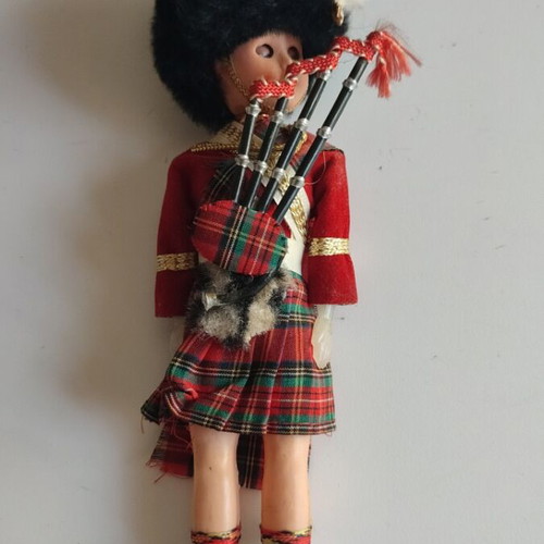 Vintage Scottish Bagpiper Doll used, traditional Highland costume