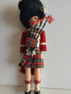Vintage Scottish Bagpiper Doll used, traditional Highland costume
