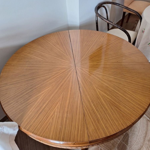 Dining set round walnut handmade 1960 with 8 chairs and mirror used