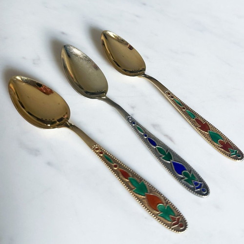 Set of 3 Soviet Silver 875 Spoons with Enamel
