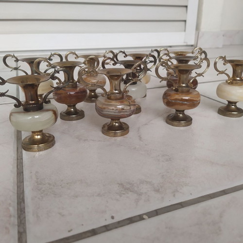 Decorative amphorae made of brass and onyx like new, set of 11 pieces
