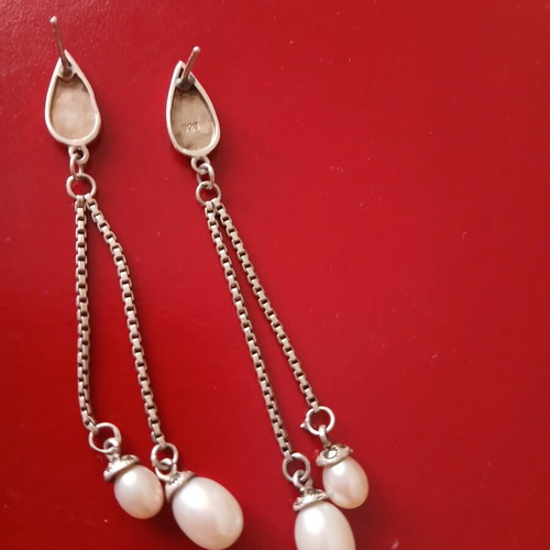 Earrings with marcasite and natural pearls in 925 silver, like new, 6 cm