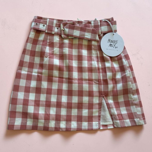 Princess Polly Red White Gingham Plaid Mini Skirt with Belt, XXS