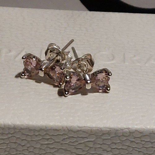 Pandora bow stud earrings with pink zirconia