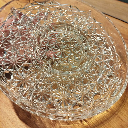 Vintage glass serving platter 25cm like new with central dip bowl