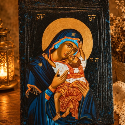 Handmade Virgin Mary icon on wood with decoupage finish