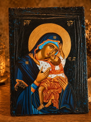 Handmade Virgin Mary icon on wood with decoupage finish