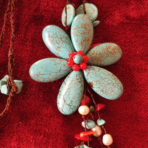 Handmade necklace with turquoise, coral and river pearls like new