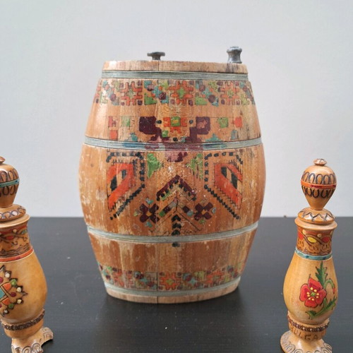 Vintage wooden barrel for drink and two decorative items used