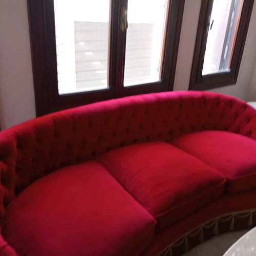 Handmade three-seater sofa and armchairs like new, red velvet