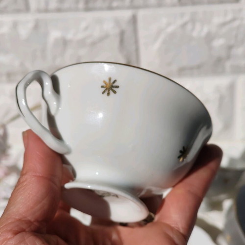 Porcelain coffee cups retro used, set of 4 cups and 3 saucers, Czechoslovakia