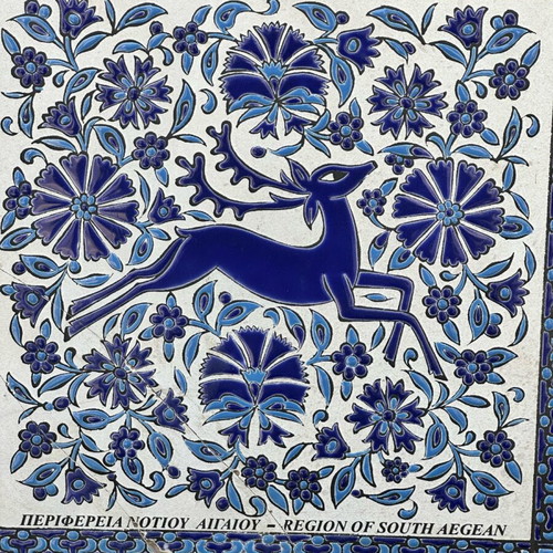 Handmade ceramic tile of Rhodes used with deer and frame