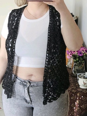 Handmade knitted vest like new, black with silver shimmer