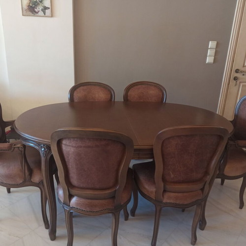 Dining table set with 4 leather chairs and 2 armchairs, beech wood