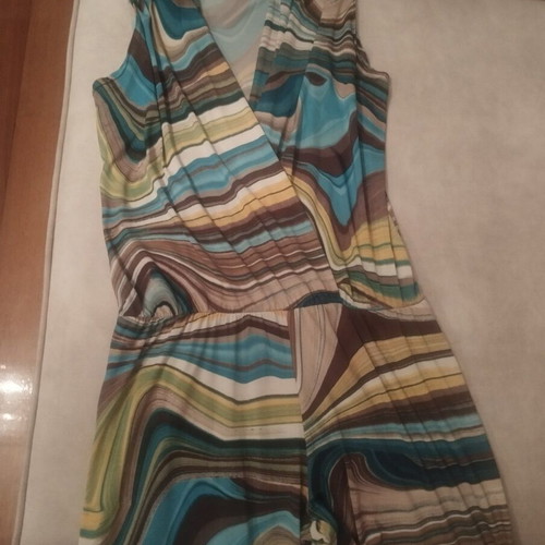 One-piece colorful sleeveless jumpsuit with wrap design, like new