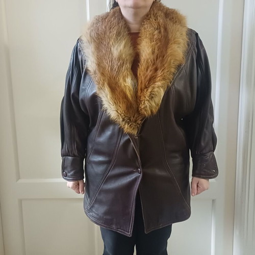 Leather jacket with real fur collar used, brown