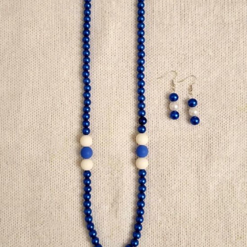Handmade, blue white beaded long necklace and earings