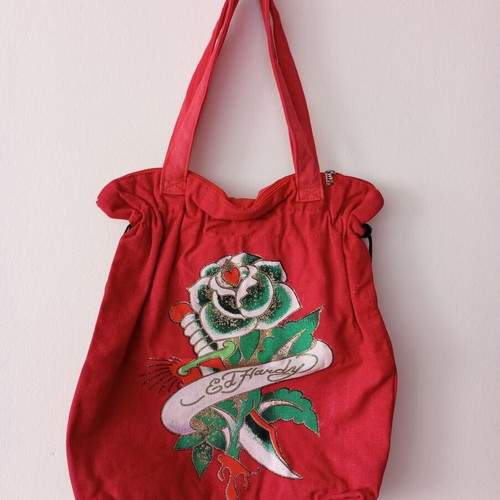 Red Ed Hardy Y2K Style Tattoo Canvas Shoulder Bag