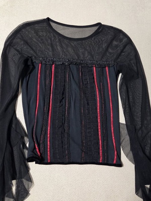 Blouse used with transparency and red velvet stripes