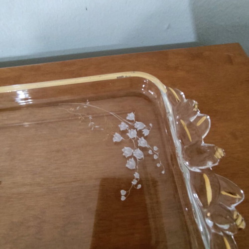 Glass serving platter used with gold handles and painted flowers