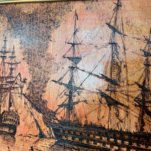 Vintage pyrography wall frame with naval battle scene, artist signed, 50x60