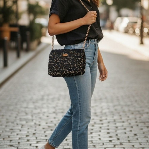 Handmade knitted crossbody bag black and gold, new