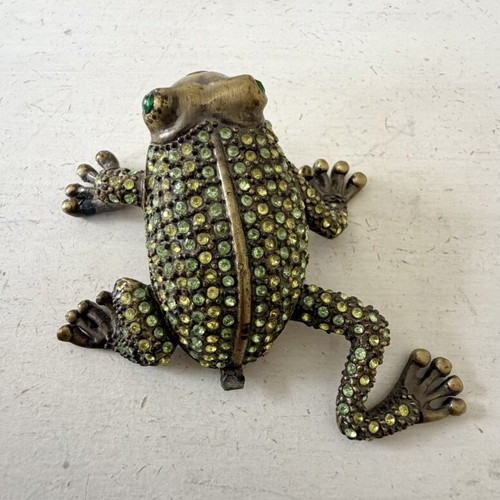 Mini vintage decorative frog jewelry box like new, metal with crystals