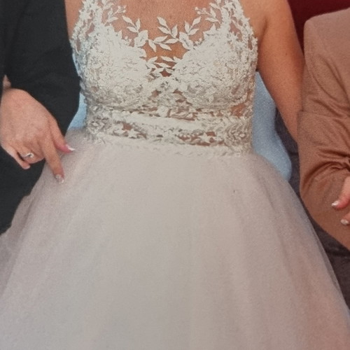 Handmade wedding dress used with lace, white with pink confetti shades