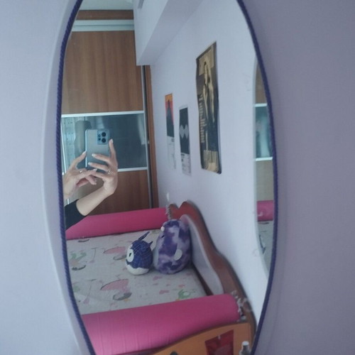 Wooden oval mirror with lilac shelf like new