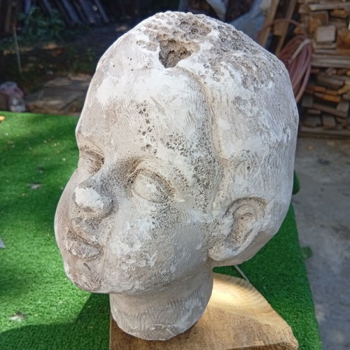 Plaster Head Sculpture on Wooden Base 23 cm, used
