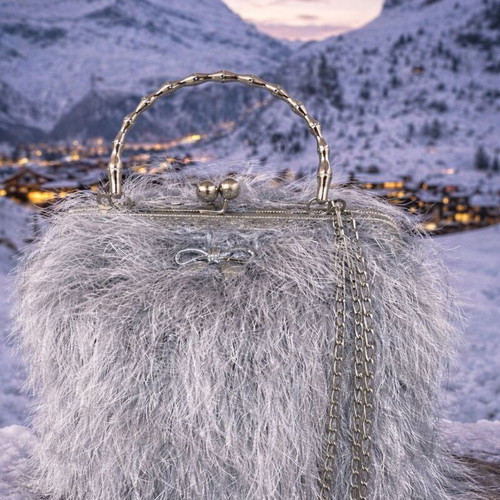Crossbody bag new gray with silver details and furry texture