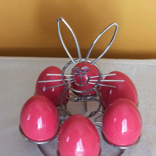Metal bunny egg holder with 6 ceramic eggs new