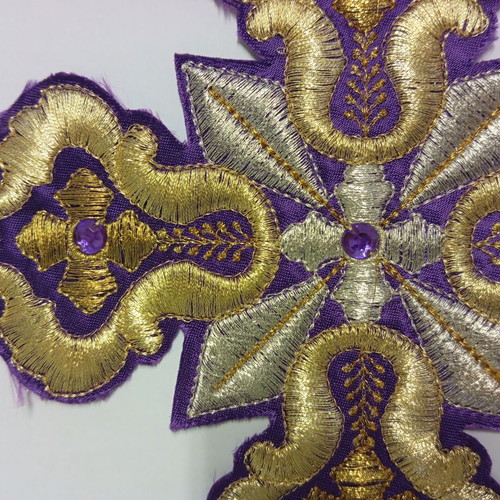 Embroidered cross for vestments new with gold thread and stones