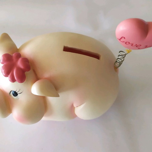 Piggy bank salmon pink with Love you inscription