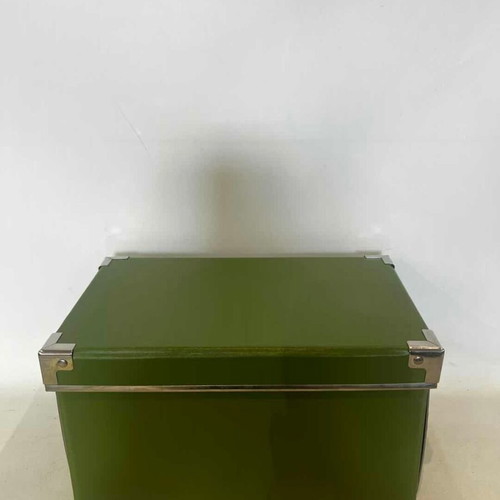 Storage box used, green with metal details and leather effect 14x26x15.5