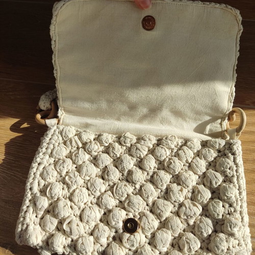Zara crochet bag beige shoulder used, boho chic wooden details