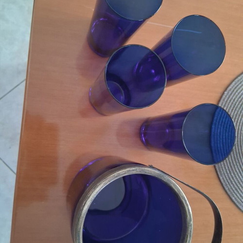 Set of 4 blue glass ouzo glasses and matching ice bucket like new