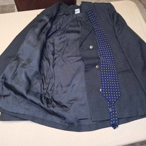 Suit set used with blazer, trousers and tie gray-blue