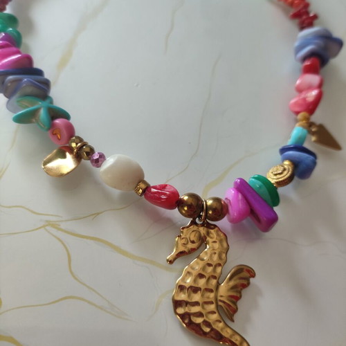 Summer necklace with seahorse and multicolored stones