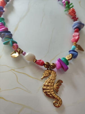Summer necklace with seahorse and multicolored stones