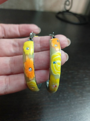 Yellow hoop earrings with sparkling rhinestones, like new