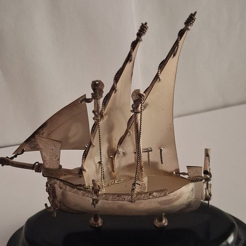 Maltese Dgħajsa Sailing Ship Sterling Silver 925 Miniature on Base