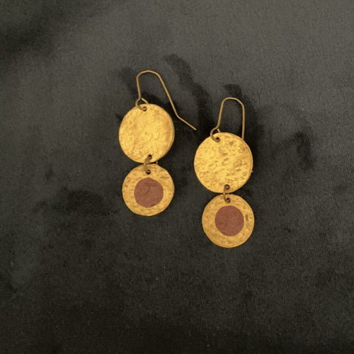 Handmade earrings in gold tone like new with purple enamel detail