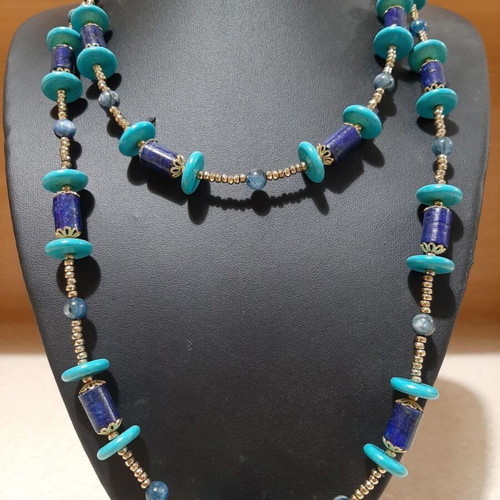 Necklace with Kyanite, Lapis Lazuli, Chaoite, Hematite in 925 Silver, Long