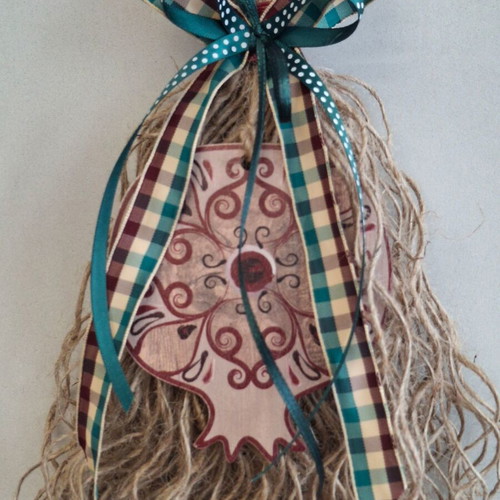 Handmade hanging charm with large wooden pomegranate in beige and burgundy